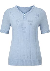 Damske Svetr s v&yacute;střihem do V s ažurov&yacute;m pleten&yacute;m vzorem modr&aacute; ,velikost 52