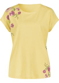 Damske Tričko s kulat&yacute;m v&yacute;střihem s květinov&yacute;m vzorem citronov&aacute;-růžen&iacute;nov&aacute; ,velikost 54