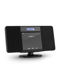 ONECONCEPT V-13, černý stereo systém s CD MP3 USB rádiem a budíkem, nástěnná montáž