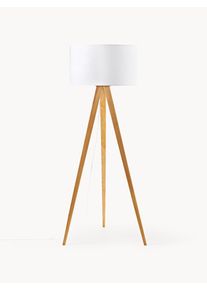Stojací stativová lampa z masivního dřeva Jake, skandi styl Hnědá, Bílá Dřevo, Látka, Masivní dřevo V 150 cm | Westwing Collection