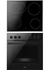 Amica EHCX 933 000 S EEK:A Einbauherd-Set mit Glaskeramik-Kochfeld, 77l XXL, Edelstahlrahmen, 9 Backofenfunktionen, Zweikreis-/Bräterzone, schwarz-Gla