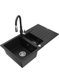 MEXEN/S Matias granitov&yacute; dřez 1.5 z ociekaczem včetně baterie Savita, čern&aacute; 6502-77-672601-70