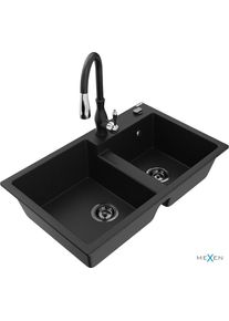 MEXEN/S Tomas granitov&yacute; dřez 2-bowl včetně baterie Savita, čern&aacute; 6516-77-672601-70-B