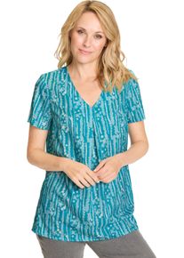 Damske Tunika rozšířeného navlékacího střihu tyrkysová-ecru-potisk ,velikost 56