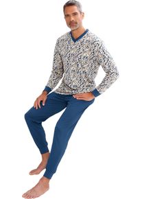 Panske Pyžamo s elastick&yacute;mi žebrovan&yacute;mi n&aacute;plety p&iacute;skov&aacute;-dž&iacute;nov&aacute; modr&aacute;-potisk ,velikost 60/62
