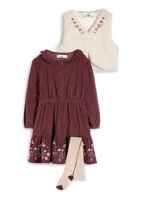 C&Amp;A Květinové motivy-souprava-manšestrové šaty, vesta z umělé kožešiny a punčochové kalhoty, Červené, Größe: 110