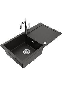 MEXEN/S Leo granitov&yacute; dřez 1-miska s odkap&aacute;vačem včetně baterie Carla, čern&aacute;/zlat&aacute; metalik 6501-75-670700-00