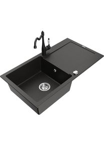 MEXEN/S Leo granitov&yacute; dřez 1-miska s odkap&aacute;vačem včetně baterie Carla, čern&aacute;/zlat&aacute; metalik 6501-75-670700-70