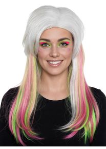maskworld White Long-Haired Wig with Neon Strands