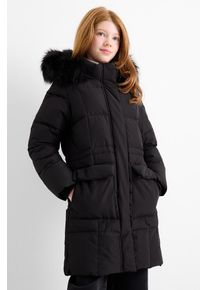 C&Amp;A Péřová bunda s kapucí a lemem z umělé kožešiny, Černé, Größe: 152