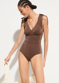 Třpytivé stahovací jednodílné plavky střední tvarující efekt | Hnědá | Vel. 50 | bonprix
