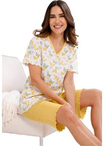Damske Kr&aacute;tk&eacute; pyžamo s vlněn&yacute;m lemem b&iacute;l&aacute;-žlut&aacute;-potisk ,velikost 48/50