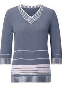 Damske Svetr s 3/4 rukávem a překříženým výstřihem do V holubí modrá-bílá-proužek ,velikost 54