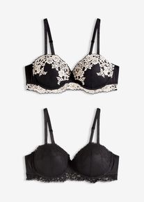 Balkonetov&aacute; podprsenka s dvoubarevnou krajkou (2 ks v balen&iacute;) | Čern&aacute; | Vel. 90B | bonprix
