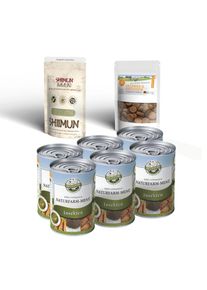 Bellfor Sada krmiva pro seniory: mokré krmivo pro starší psy Nature Farm-menu + Shiimun Immun prášek + Snack Kompletní klouby a kosti