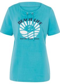 Damske Tričko s krátkým rukávem a páskem na zavázání ve výstřihu tyrkysová-ecru ,velikost 50