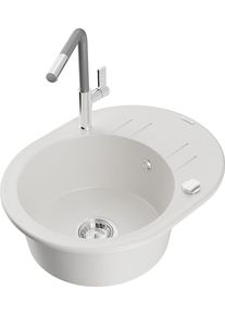 MEXEN/S Kevin granitov&yacute; dřez 1-miska s odkap&aacute;vačem včetně baterie Flora, b&iacute;l&aacute; 6517-20-670401-06