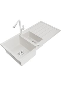 MEXEN/S Andres granitov&yacute; dřez s odkap&aacute;vačem včetně baterie Flora, b&iacute;l&aacute; 6515-20-670401-02