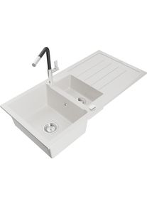 MEXEN/S Andres granitov&yacute; dřez s odkap&aacute;vačem včetně baterie Flora, b&iacute;l&aacute; 6515-20-670401-07