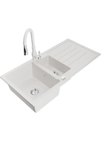 MEXEN/S Andres granitov&yacute; dřez s odkap&aacute;vačem včetně baterie Savita, b&iacute;l&aacute; 6515-20-672601-20