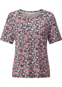 Damske Tričko s kulat&yacute;m v&yacute;střihem elastick&eacute;. s elastanem n&aacute;mořnick&aacute; modr&aacute;-plameň&aacute;kov&aacute;-potisk ,velikost 48