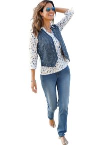 Damske Dž&iacute;nov&aacute; vesta s ozdobn&yacute;mi perličkami sepran&aacute; modr&aacute; stone ,velikost 52