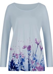 Damske Tričko s dlouh&yacute;m ruk&aacute;vem střihu m&iacute;rně do A světlemodr&aacute;-n&aacute;mořnick&aacute; modr&aacute;-potisk ,velikost 42