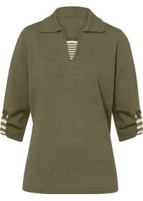 Damske Svetr 2 v 1 s proužkovan&yacute;mi vsadkami khaki-b&iacute;l&aacute;-vzor ,velikost 52