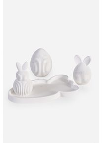 Dekorativn&iacute; předmět: zaj&iacute;čci a vejce na podnose (sada 4 ks) | B&iacute;l&aacute; | Vel. 8x17 cm | bonprix