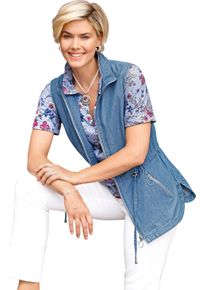 Damske Dž&iacute;nov&aacute; vesta s &scaron;ikm&yacute;m sedlem bělen&aacute; modr&aacute; ,velikost 50