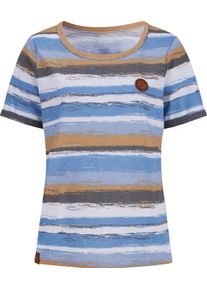 Damske Proužkovan&eacute; tričko s detaily z imitace kůže středn&iacute; modr&aacute;-velbloud&iacute;-potisk ,velikost 48